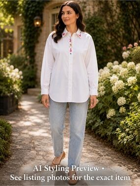 White Bunny Embroidered Hidden Placket Button-Up Shirt S